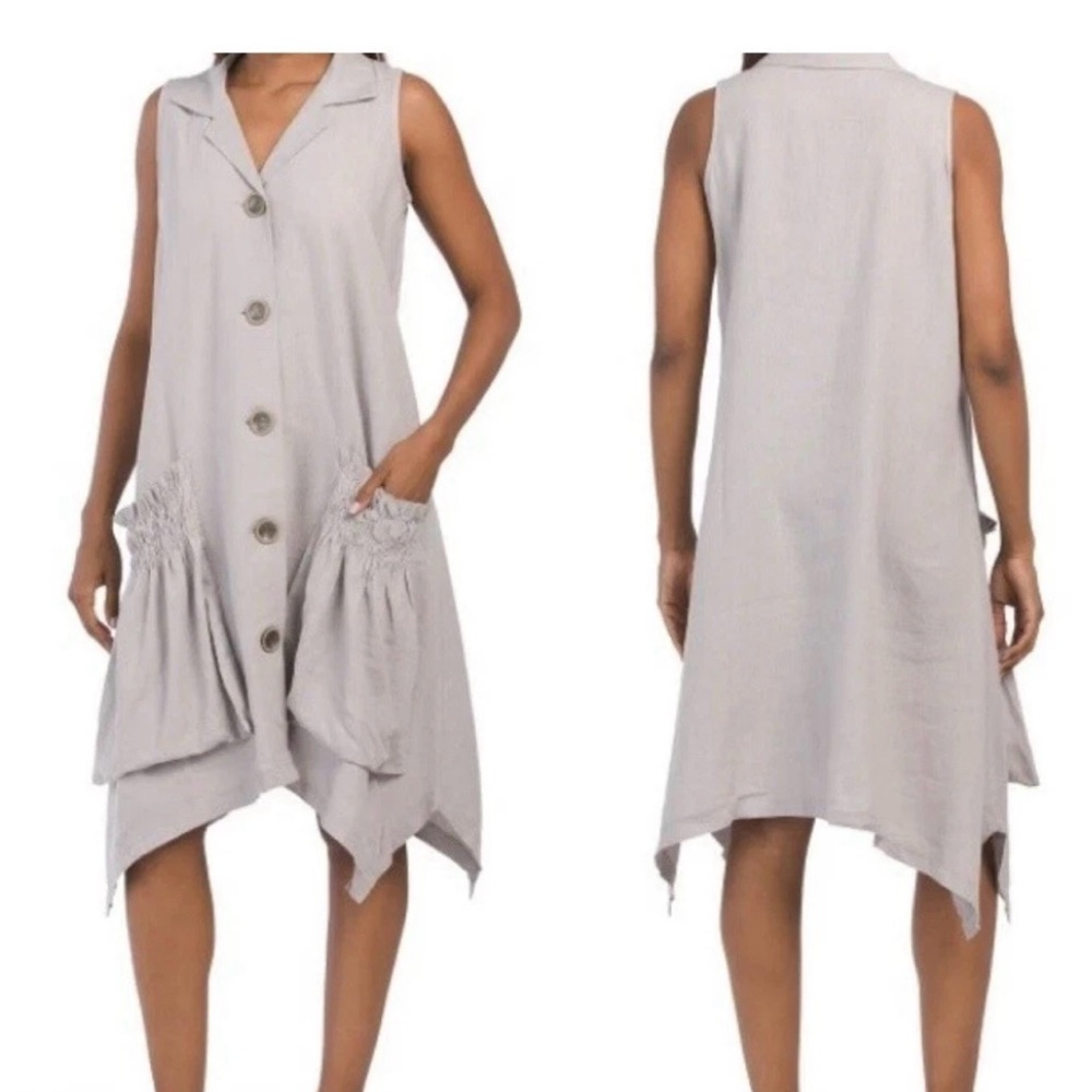 FORCYNTHIA Light Gray Linen Button-Up Dress